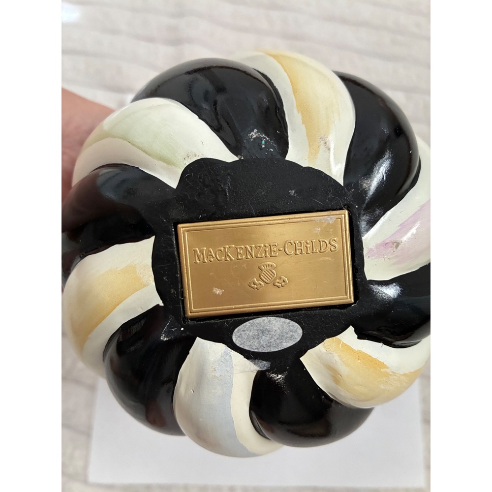 MacKenzie-Childs Black White Striped Pumpkin Gold Stem Resin Decor 5 Inch - Picture 3 of 5